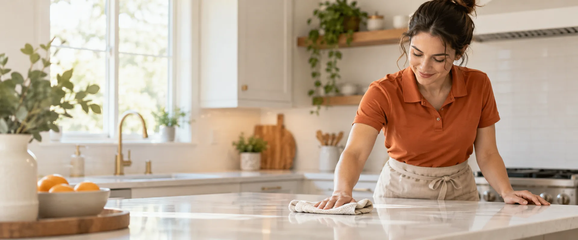 A professional cleaner wiping a bright kitchen counter